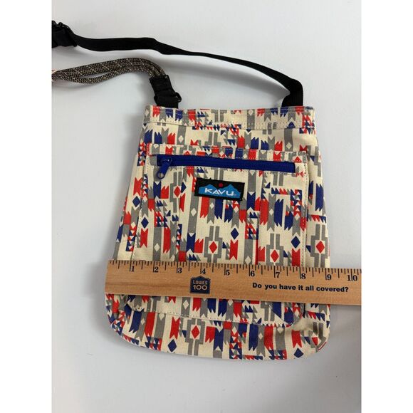 KAVU Keepalong Crossbody Bag Geometric Print Red Blue Gray Rope Strap - Picture 10 of 12